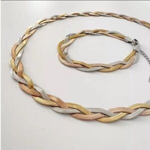 Stainless Steel Braid Tricolors snake Necklace SET Bracelet Womens jewelry